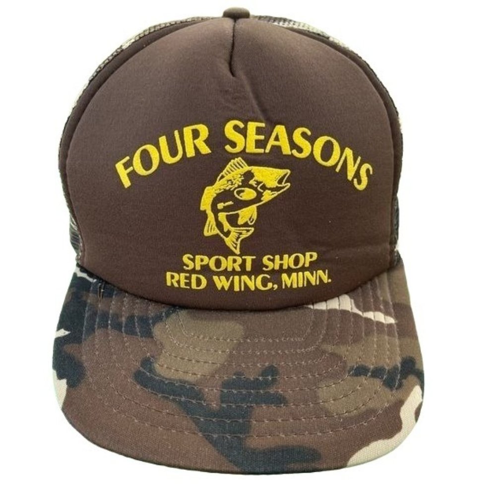 Vintage Snapback Trucker Hat Foam Mesh Brown Camo Bill Four Seasons Sports MN